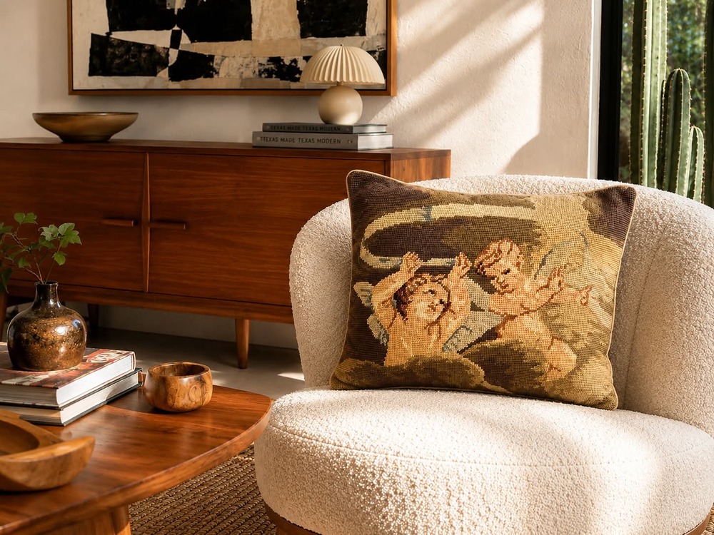 Vintage Needlepoint Cherub Angel Decorative Pillow 12” x 16” – Removable Insert